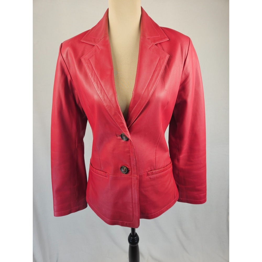 Margaret Godfrey Red Leather Blazer Jacket Button Collared Women's Size 6